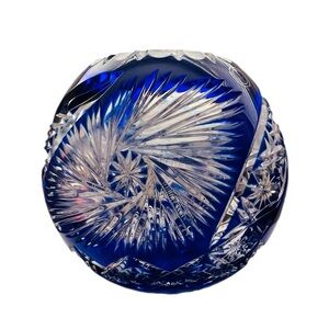 Vintage Crystal Clear Cobalt Blue Hand Cut Poland Bowl